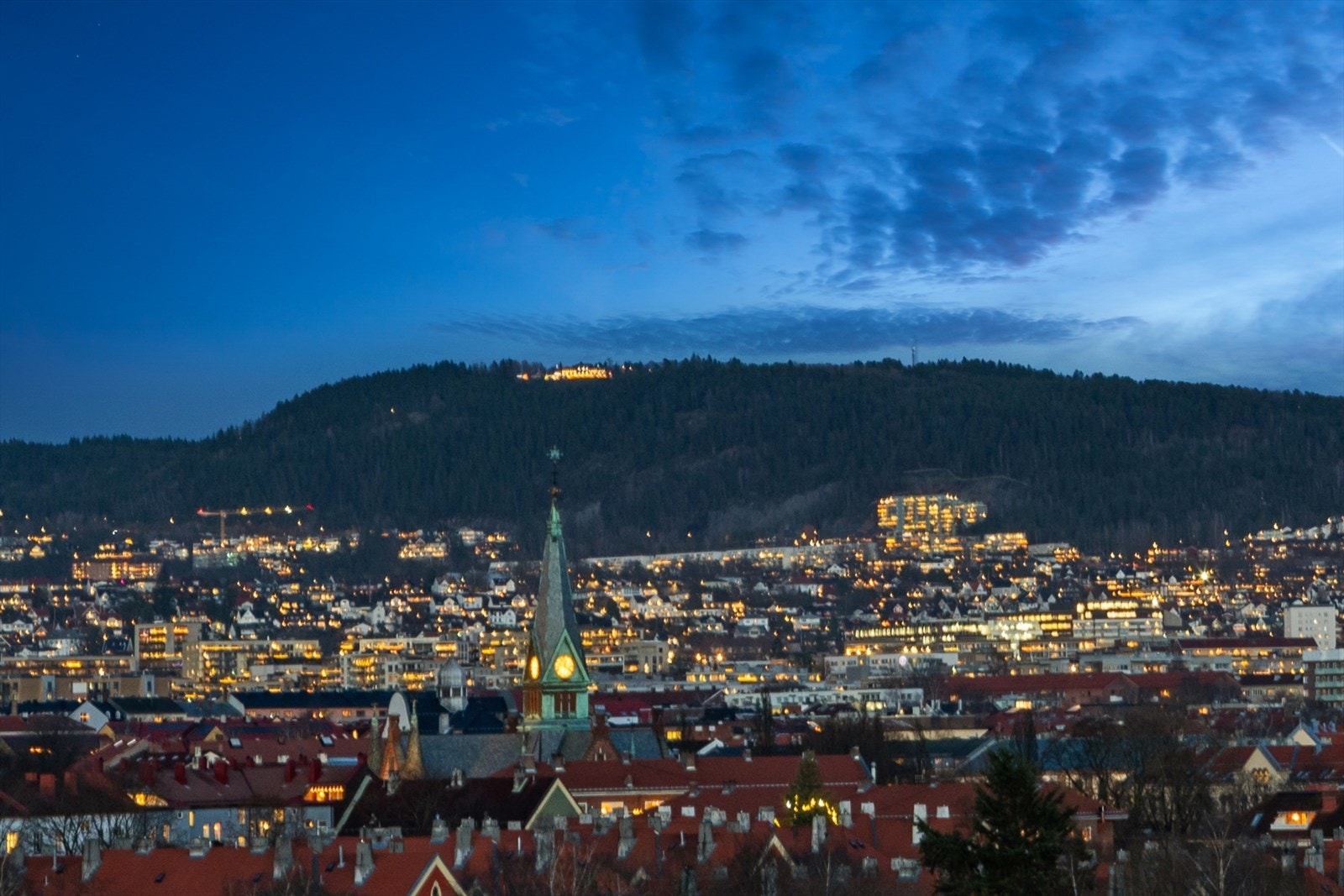Utsikt over byen med vakker panoramavisning av opplyste bygninger og Grefsenkollen i bakgrunnen. Galleribilde