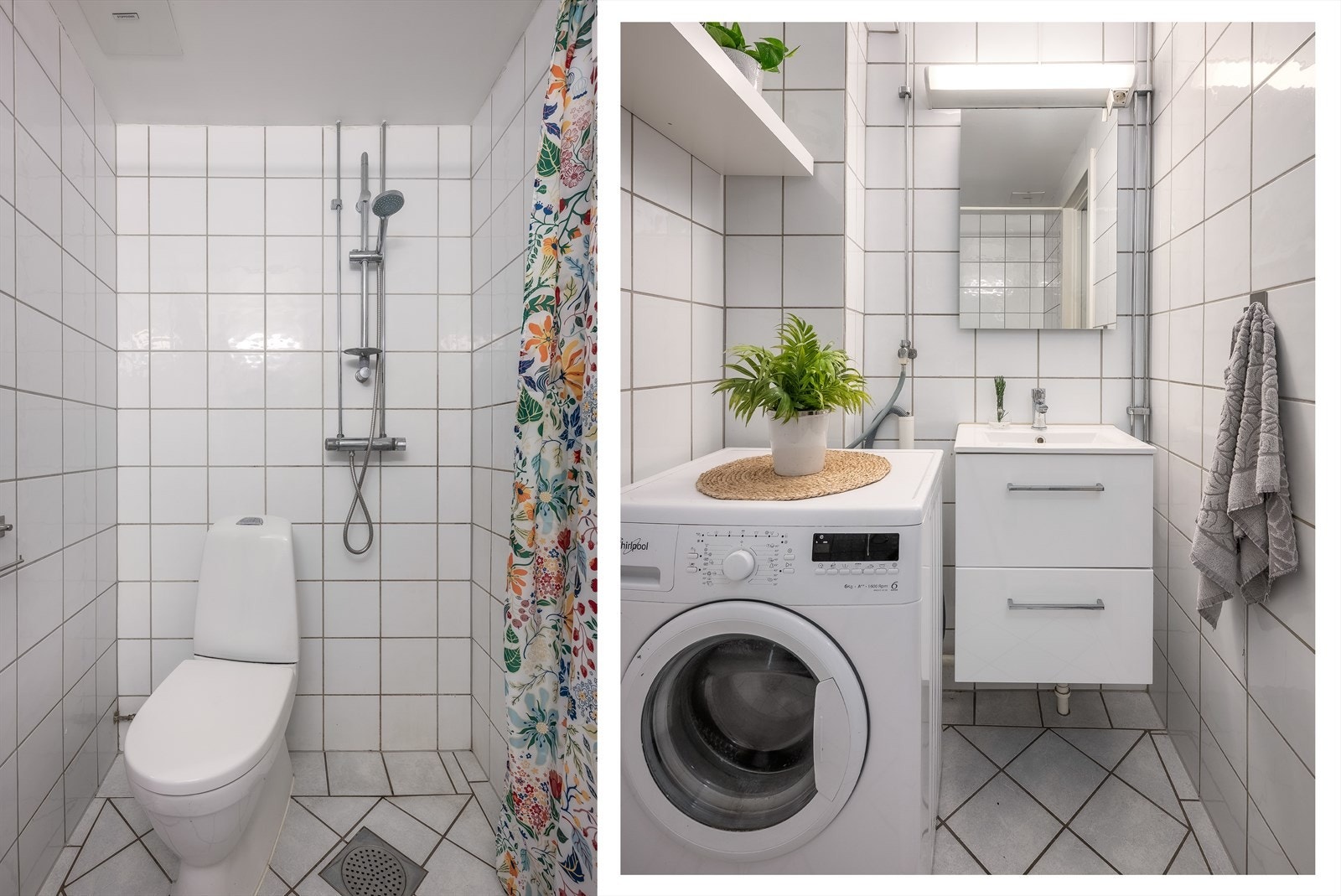 Flislagt bad fra ca. 2001. Inventar består av dusjnisje, gulvstående toalett, servant med skap samt opplegg for vaskemaskin. Galleribilde