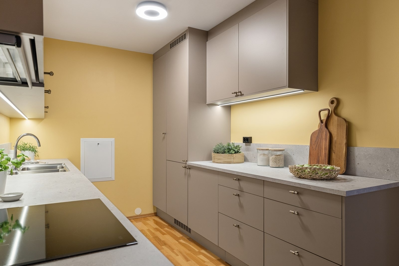 Integrert oppvaskmaskin, kombinert kjøl/frys, koketopp og stekeovn. Ekstra fryser under benken. Galleribilde