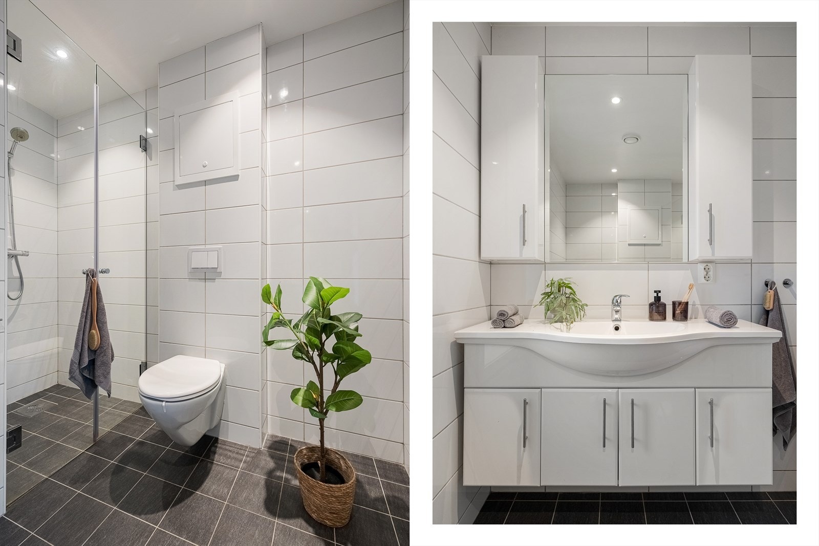 Badet er innredet med baderomsinnredning med servant, vegghengt toalett og dusj. Galleribilde