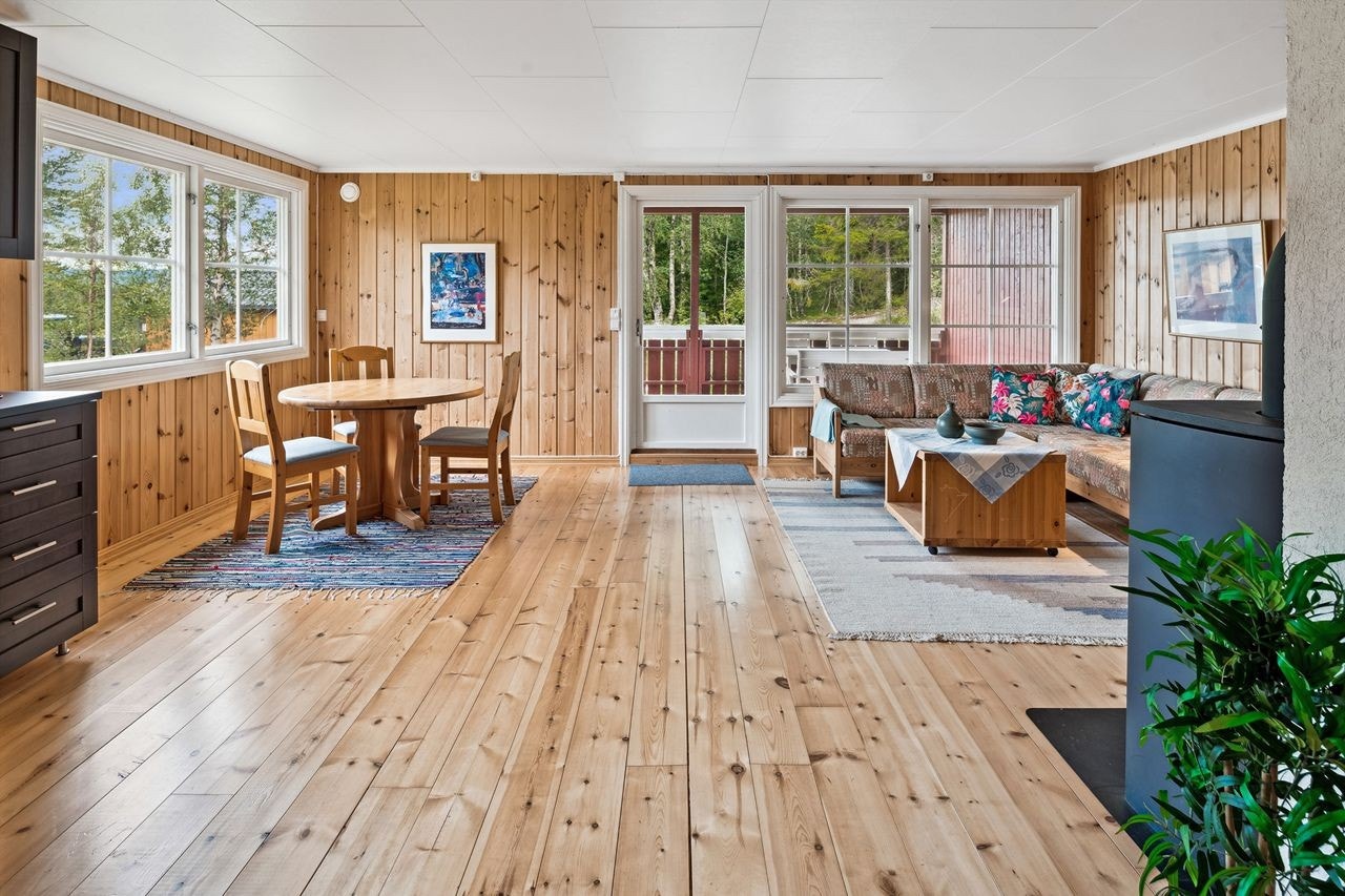 Koselig stue kjøkken og med utgang til terrassen. Stuen har stående panel på veggene og lakkert tregulv. Galleribilde