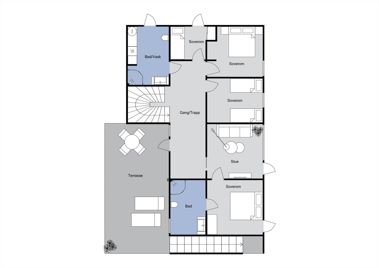 Planløsning 1. etasje (det lille soverommet ved siden av bad/vaskerom er hyttas vindfang) Galleribilde
