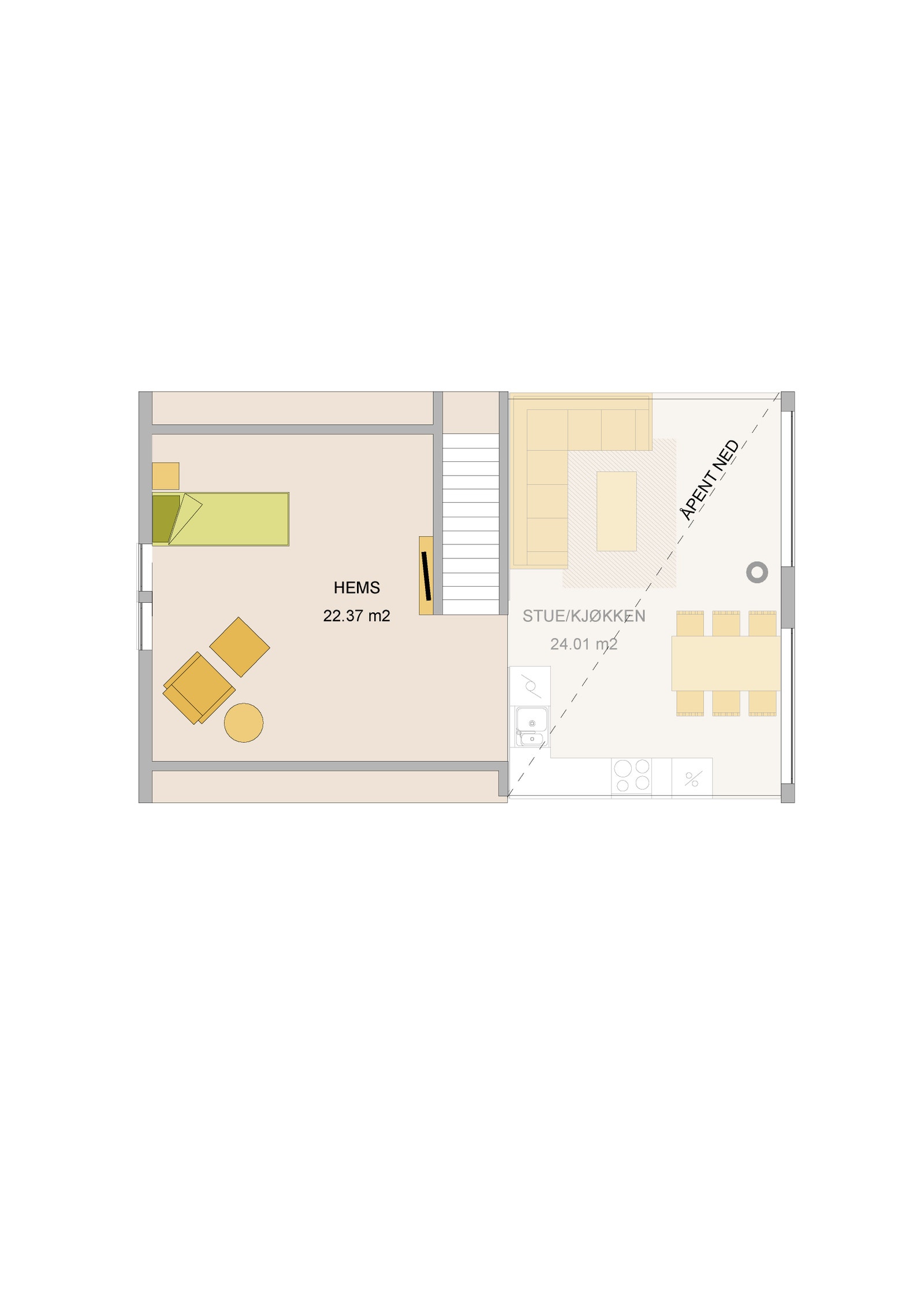 Loft/ hems med gulvareal på 22 kvm. Kneveggene vil ha 70 cm høyde noe som utgjør en fin utnyttelse av rommet Galleribilde