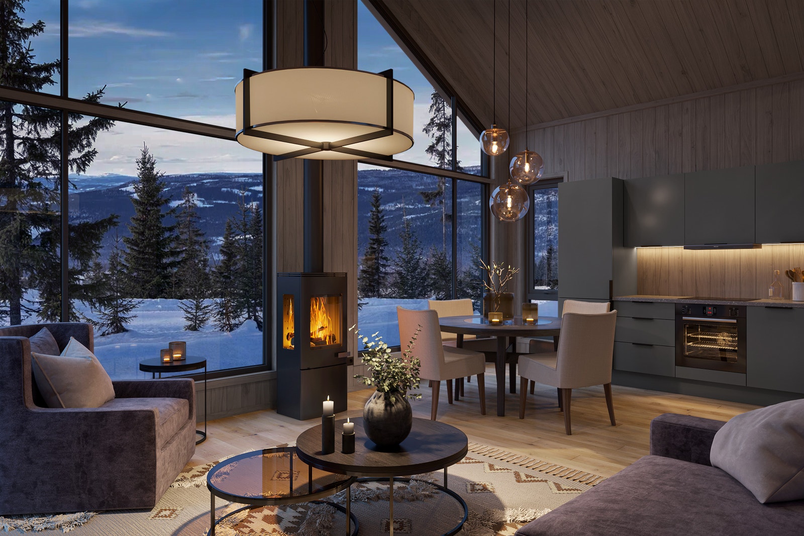 Svært hyggelig romfølelse med nærkontakt til naturomgivelsene med store gulv til tak vinduer Galleribilde