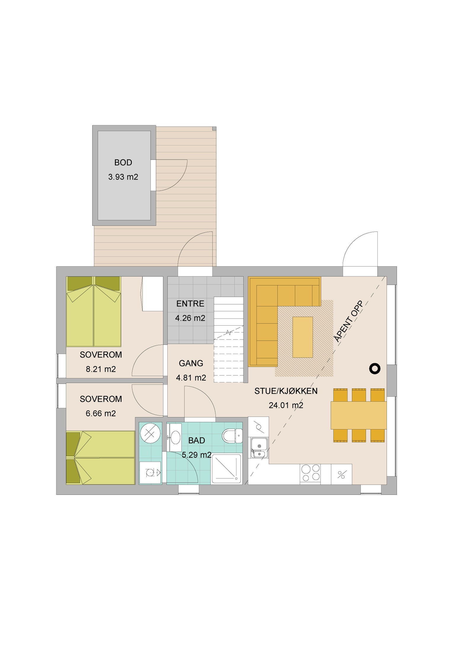 1. etg: Entré/hall med plass til garderobeinnredning, bad, 2 soverom, kjøkken/stue Galleribilde