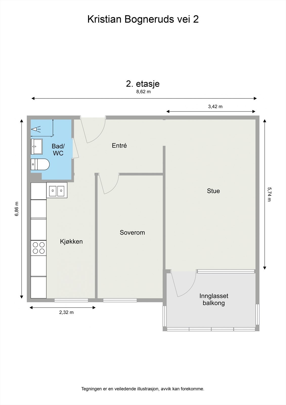 Plantegningen viser en arealeffektiv 2-roms leilighet med separat kjøkken og god rominndeling. Galleribilde