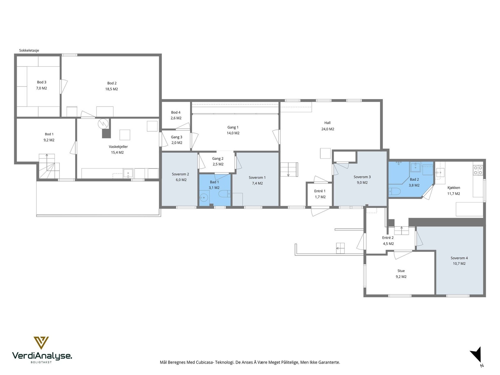 Nordvestlig del av huset er bygd på. Soverom 3 og 4 i hovedplan og sov 4 i sokkel er ikke omsøkt. Galleribilde