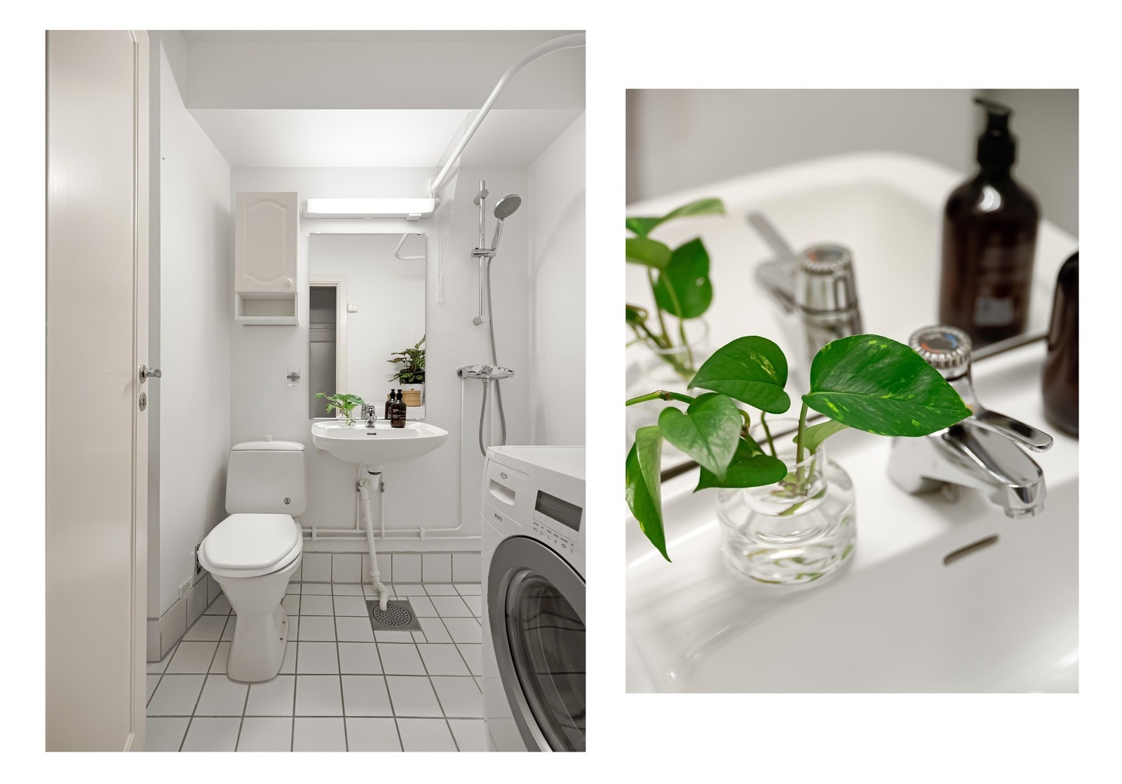 Badet er innredet med vegghengt servant, dusjhjørne og gulvstående toalett. Galleribilde