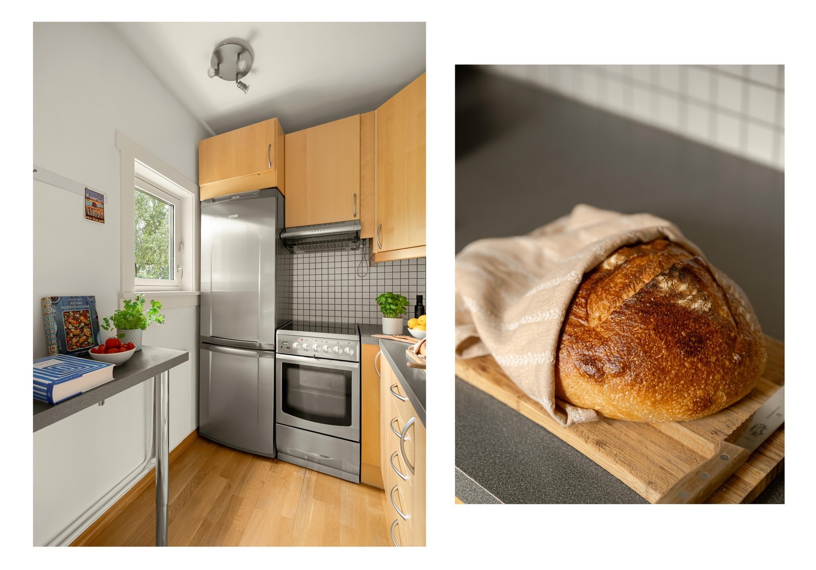 Kjøkkeninnredning med flotte slette fronter. Innredningen består for øvrig av stekeovn med platetopp, frittstående kjøleskap/frys og oppvaskkum. Galleribilde