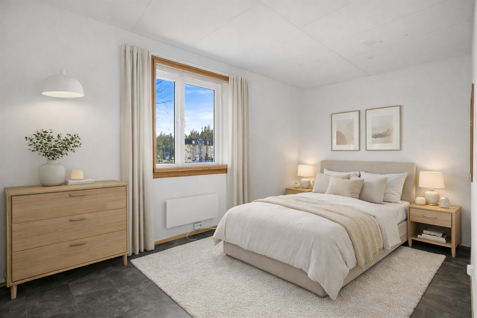 Digitalt stylet soverom via ChatGPT - Avvik kan forekomme. Moderne soverom med nøytrale toner Galleribilde