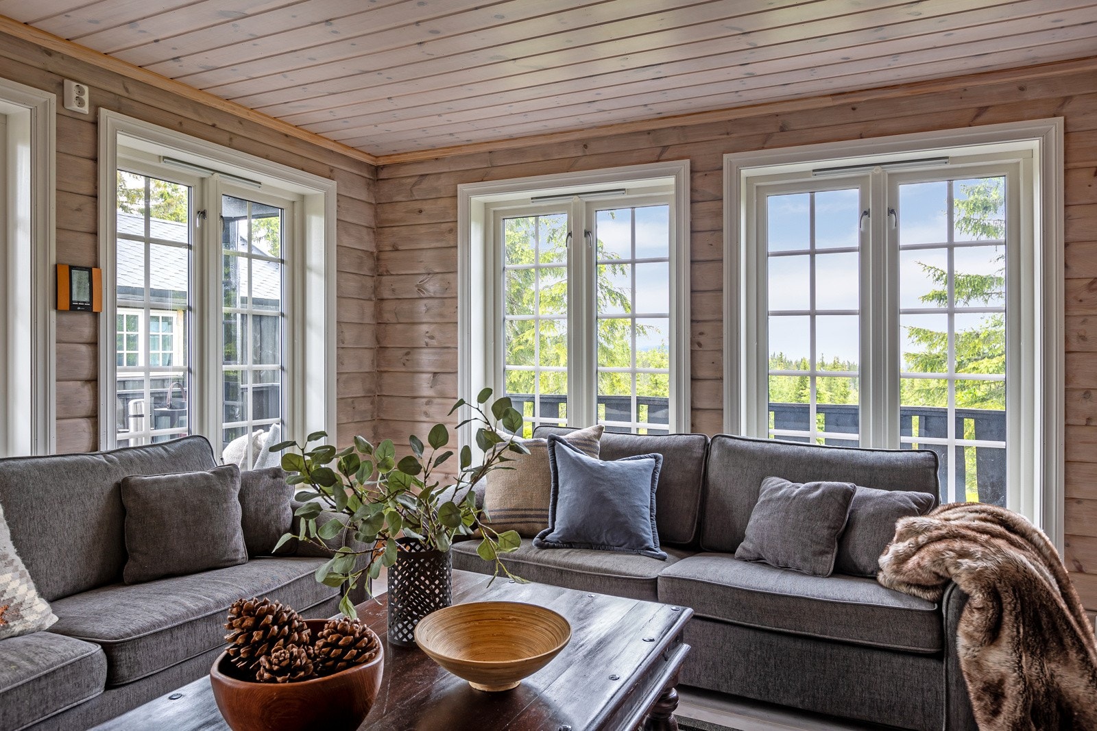 De store vinduene i stuen slipper inn godt med dagslys og utsikten kan nytes fra sofakroken. Galleribilde