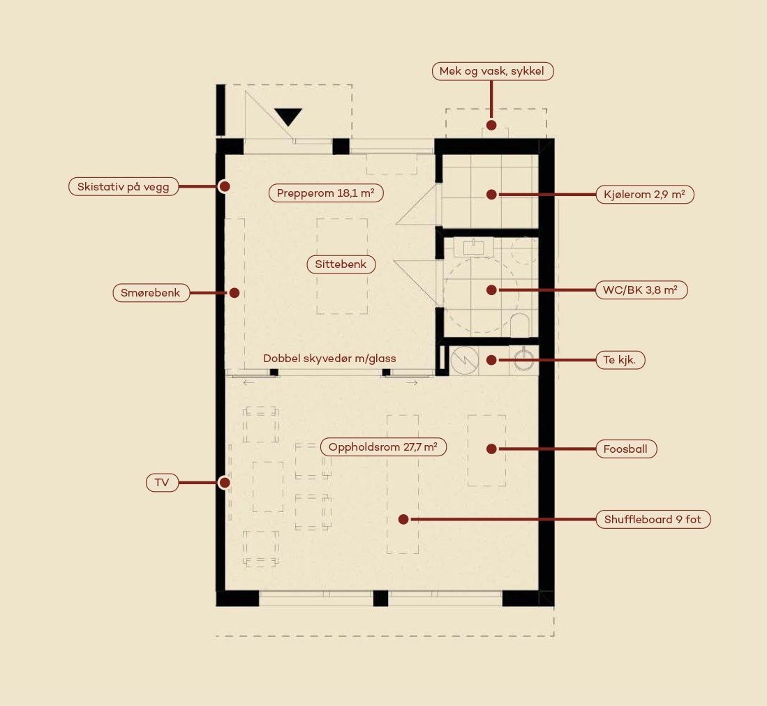 Som eier i Kikutlya får du også tilgang til felleshuset på 54 m2 med prepperom, skjølerom, toalett og et sosialt oppholdsrom. Galleribilde