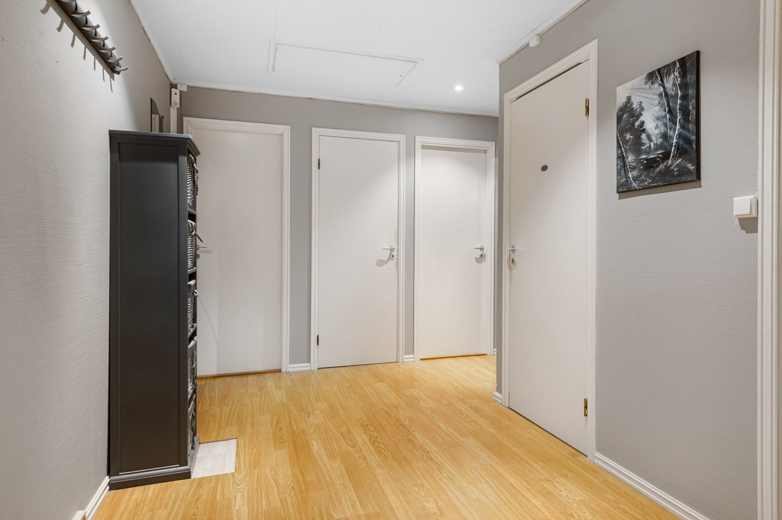 Det er loftsluke i himling, midtre dør er adkomst ned til kjeller. Galleribilde