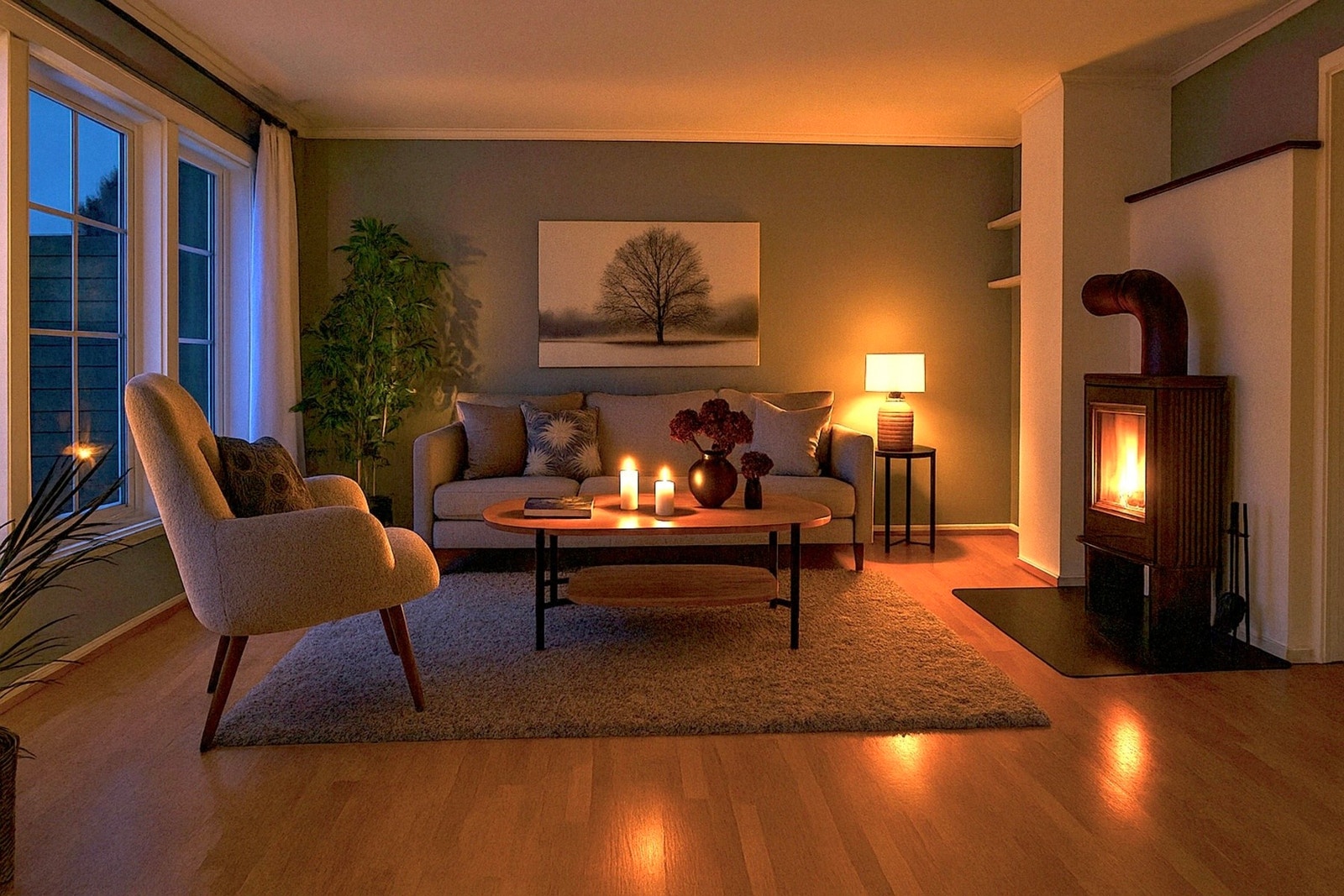 Tiltalende stue med gulvvarme og peisovn. Galleribilde