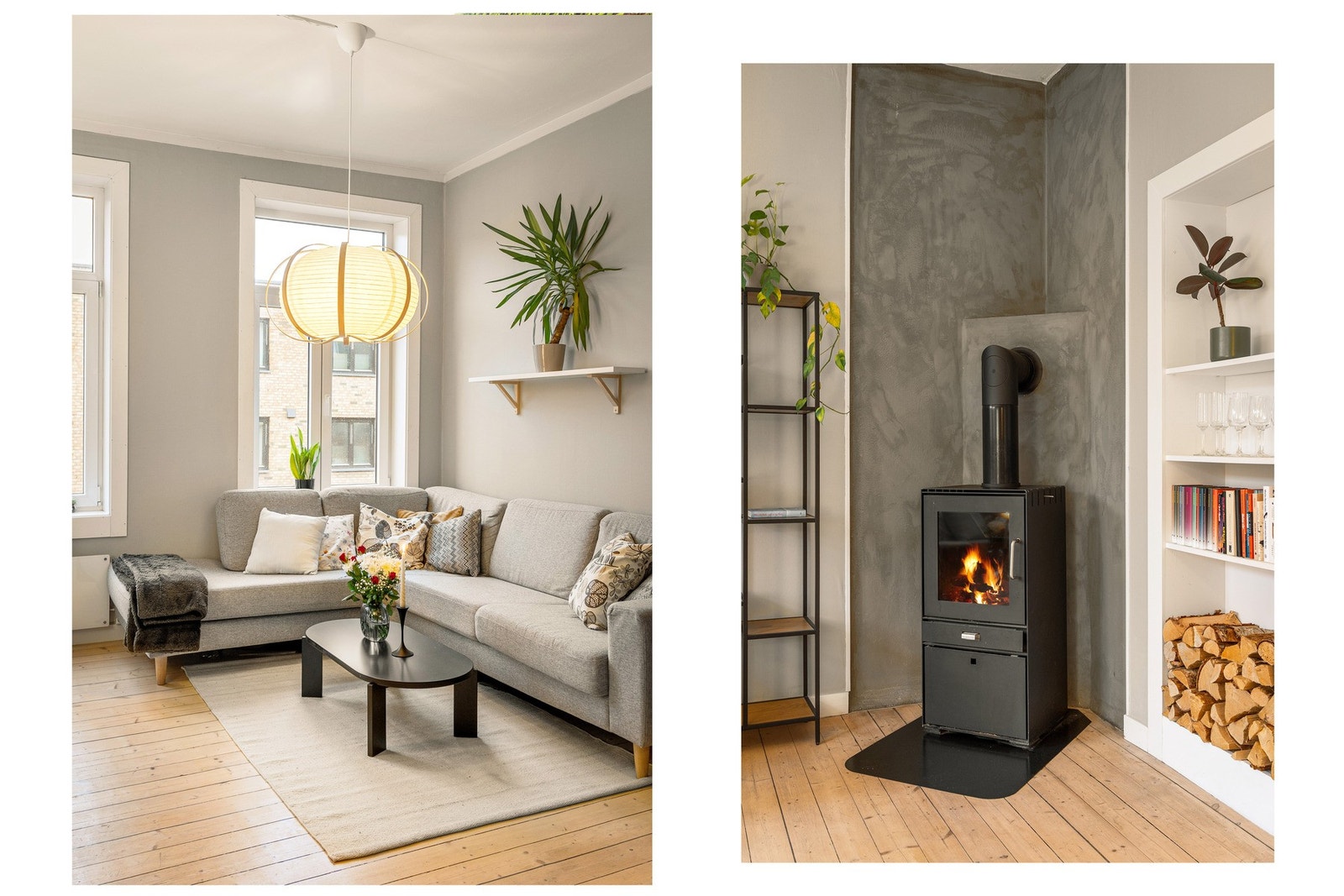 Flott peis i stuen. Denne bidrar med å holde leiligheten lun og varm om vinteren. Selgers årlige strømforbruk utgjør ca. 8 000 kWh. Galleribilde