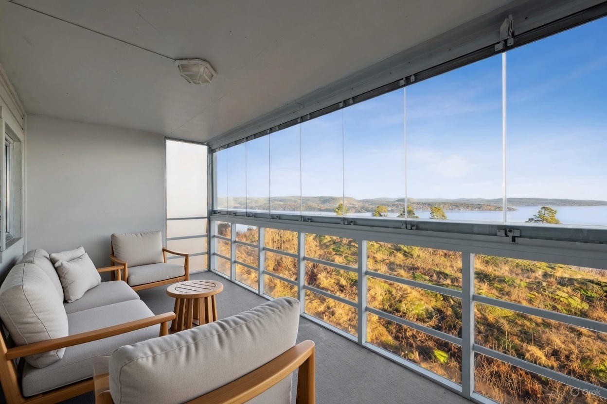 Fantastisk innglasset balkong med nydelig utsikt. Bilde er digitalt stylet og kun ment som en illustrasjon. Galleribilde