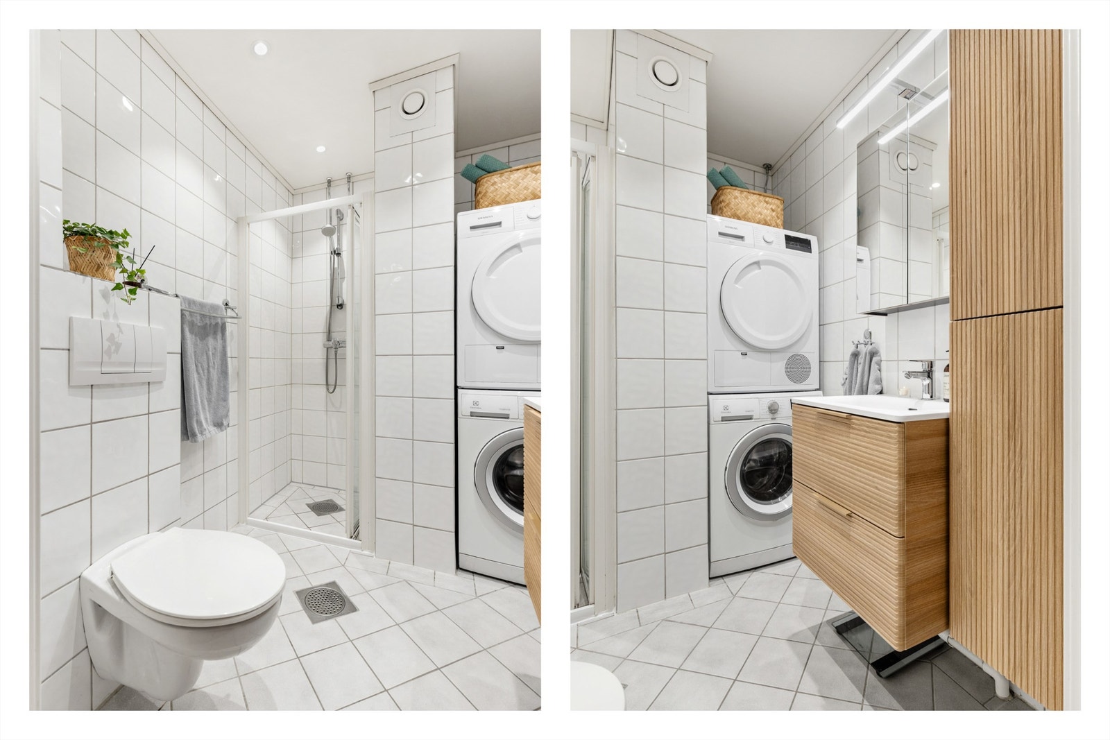 Badet er innredet med vegghengt klosett, servant nedfelt i innredning, speilskap og dusjhjørne med svingbar foldedør. Det er både plass og opplegg for vaskemaskin og tørketrommel. Mekanisk avtrekk sørger for behagelig inneklima. Galleribilde