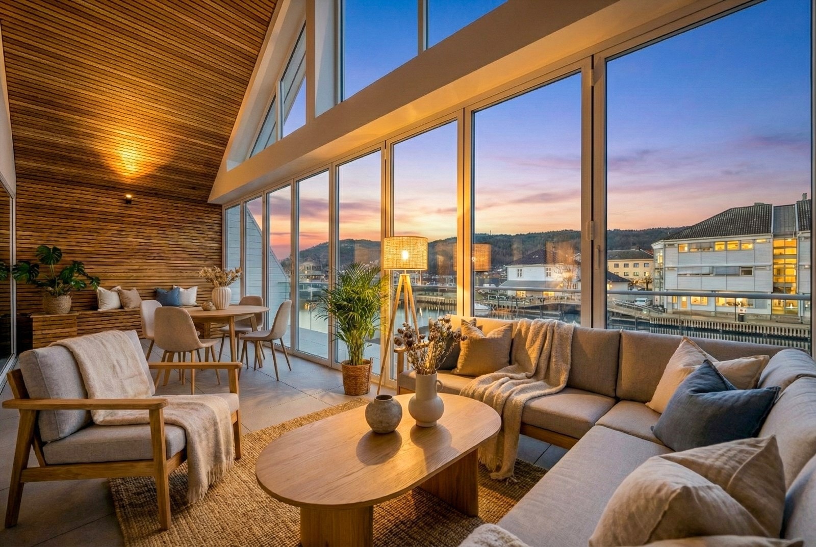 Foldedørene kan åpnes helt opp for å utvide uterommet. Legg merke til de stilige eikespilene. Galleribilde