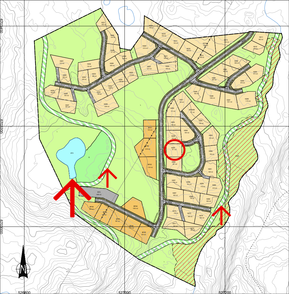 Tomten markert i rød runding. Langrennsløype markert med pil samt Istjernområdet som blir skøytebane, akebakke og lekeområde både vinter og sommer Galleribilde