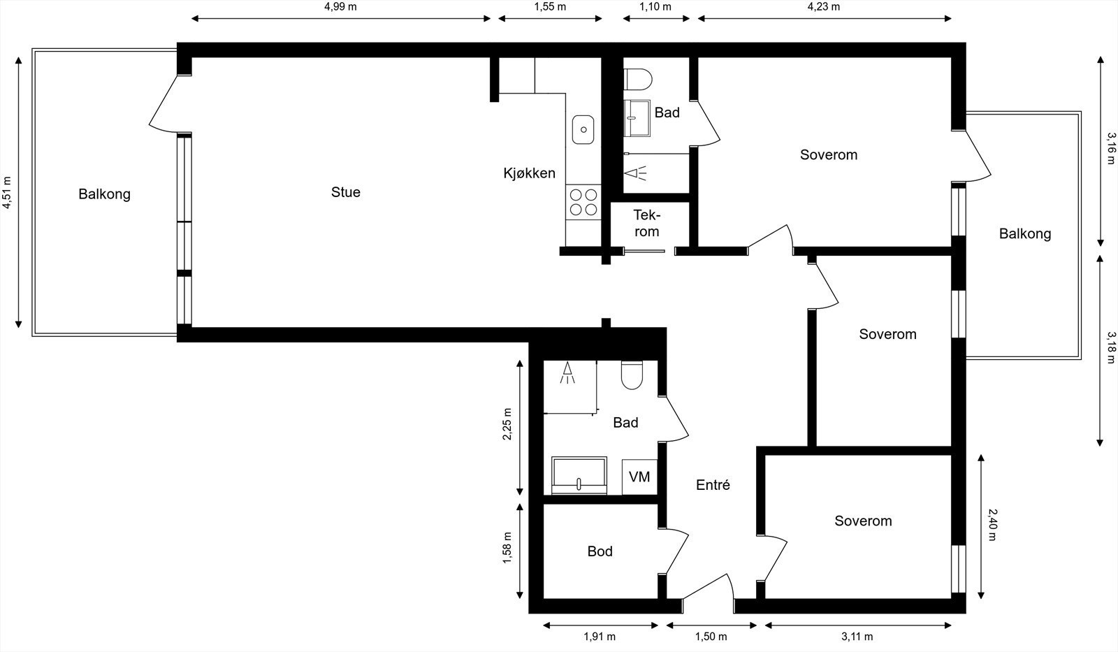 Plantegningen viser en arealeffektiv 4-roms leilighet med tre soverom, to bad og to balkonger. Galleribilde