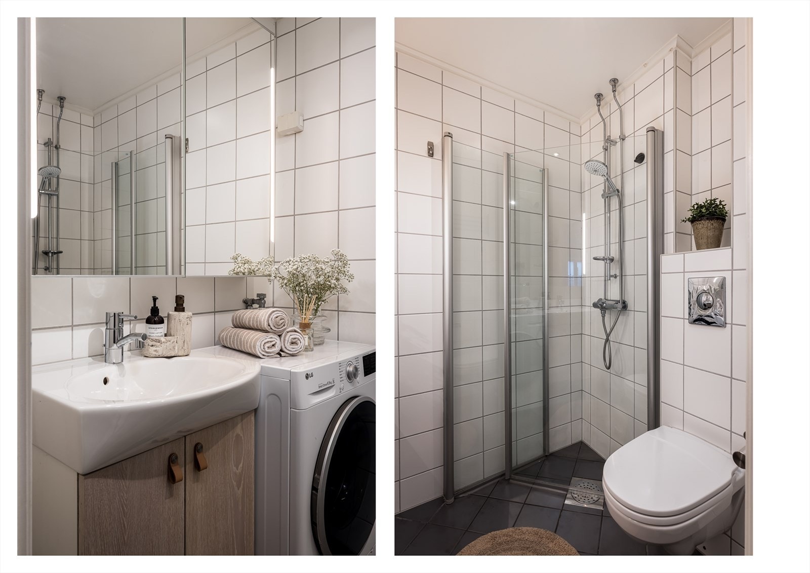 Innredningen består av 60 cm servant med underskap, dusjhjørne med innfellbare glassvegger og vegghengt toalett. Galleribilde