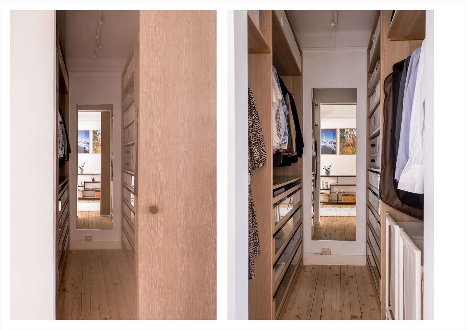 Leiligheten har et eget garderoberom med skreddersydd innredning, her er det rikelig med plass til klær og oppbevaring i skuffer og hyller. Galleribilde