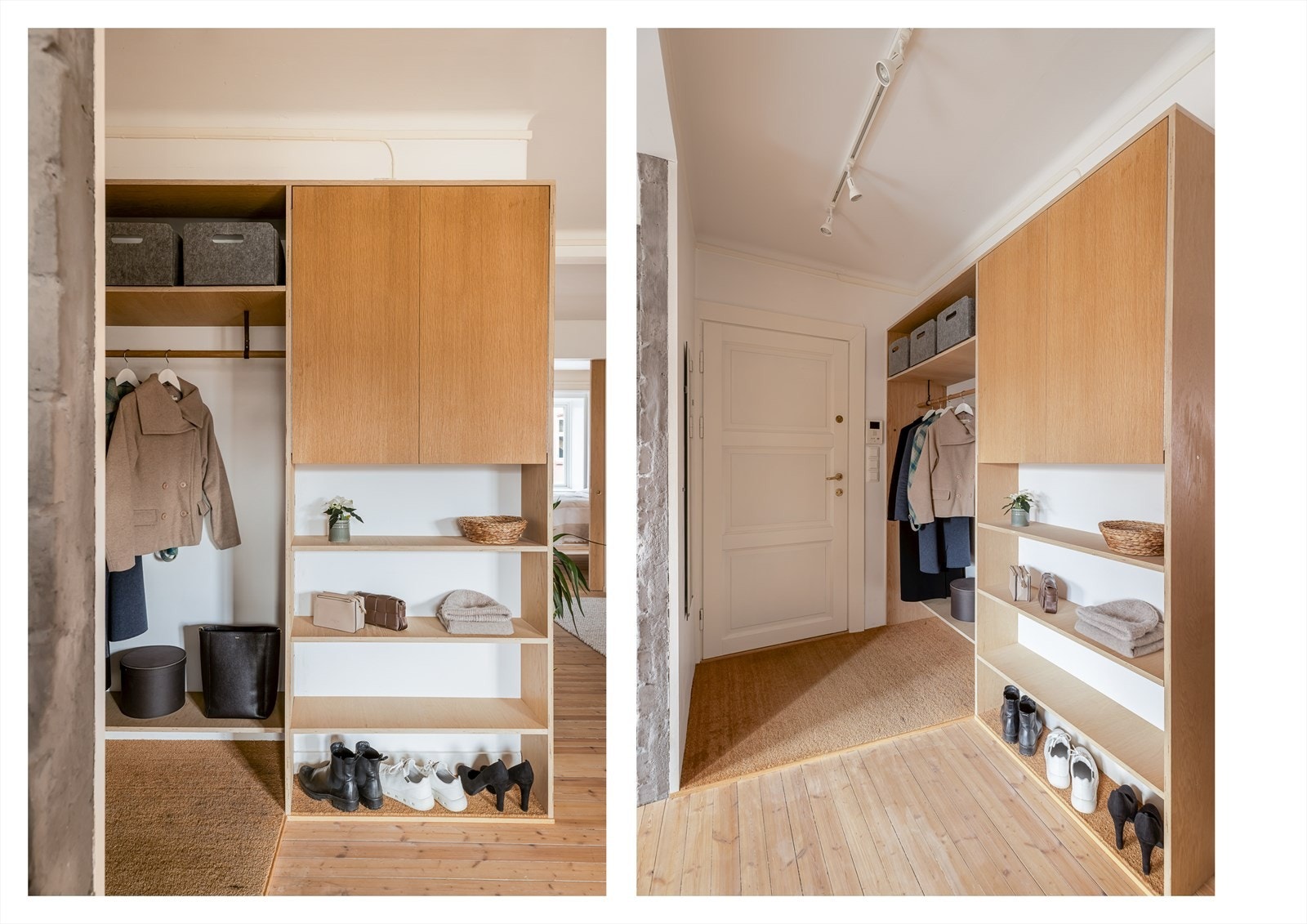 Velkommen inn i en lys entré med en skreddersydd garderobeløsning. Galleribilde