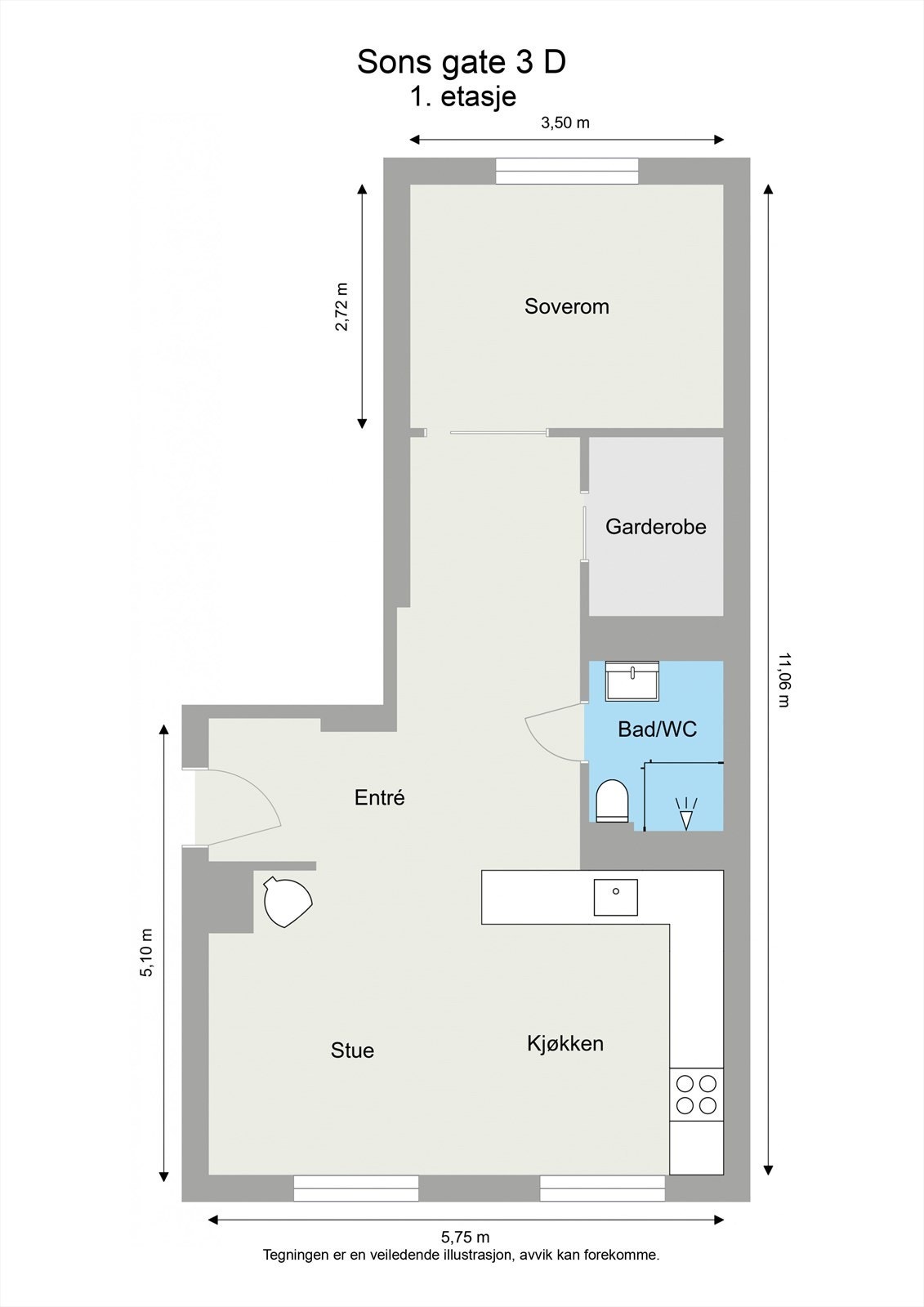 Leiligheten ligger i 1.etasje og har en arealeffektiv planløsning som inneholder stue og kjøkken i åpen løsning, baderom, soverom, garderobe og entrè. Galleribilde