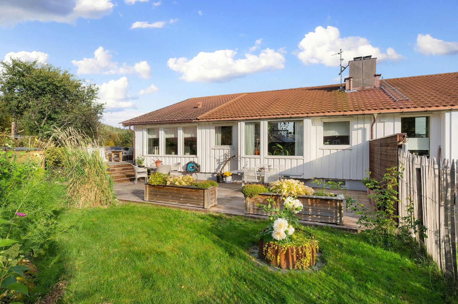 Velstelt hage med frodig beplantning. Galleribilde