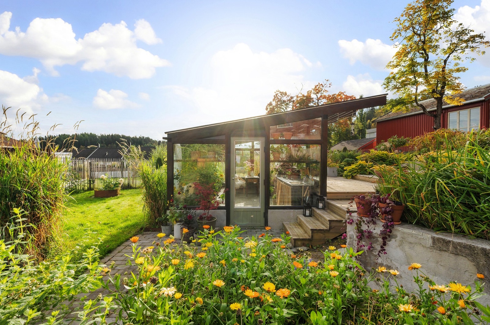 Velutformet drivhus som harmonerer med hagens landskap. Galleribilde