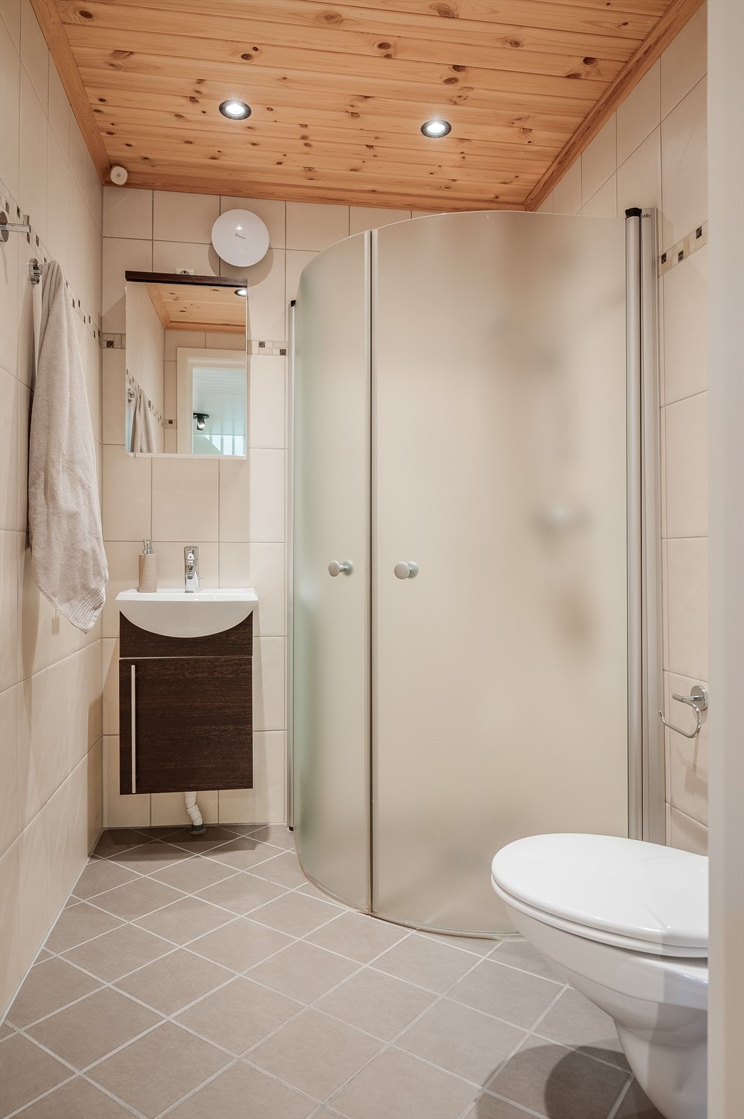 Det andre badet i underetasjen har toalett, servant med underskap og hjørnedusj Galleribilde