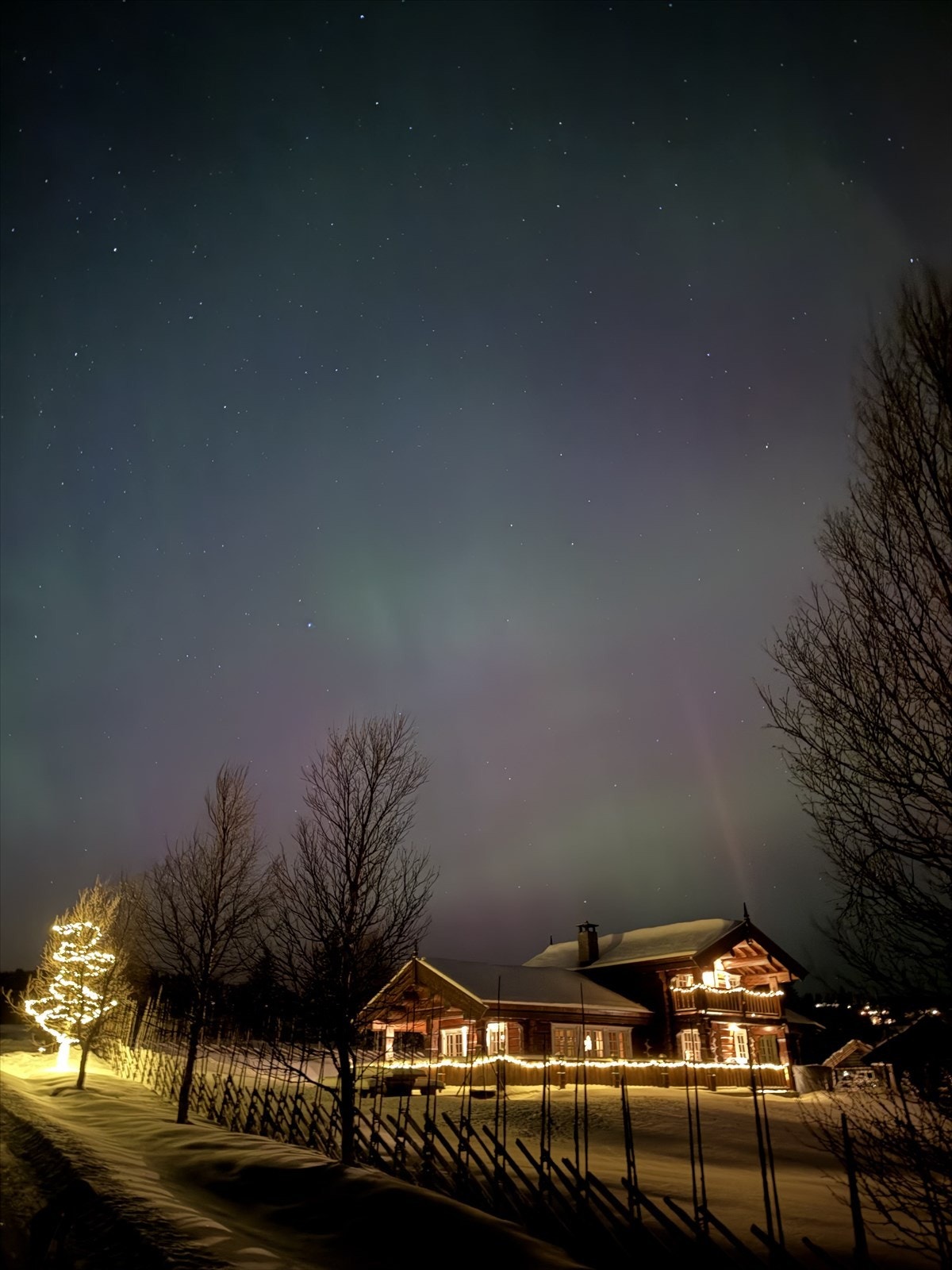 Magisk vinterbilde av hytta under nordlys. Galleribilde