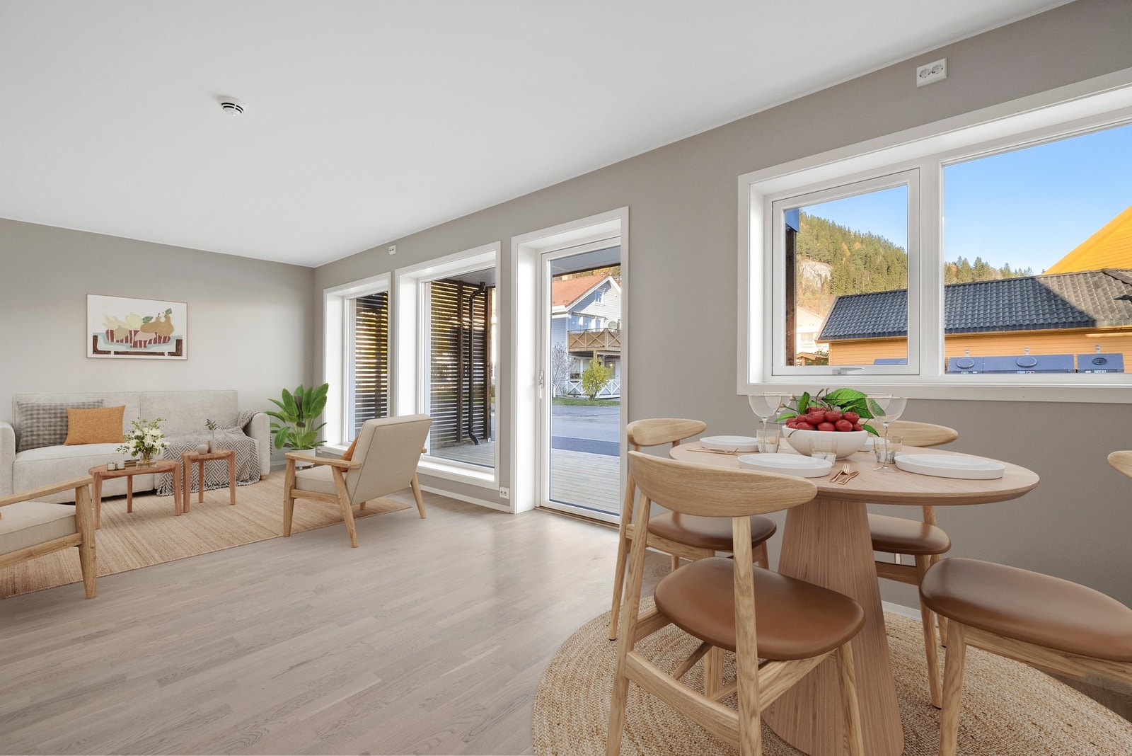 God komfort hele året med vannbåren gulvvarme i entré, gang, stue og kjøkken (Digitalt innredet) Galleribilde