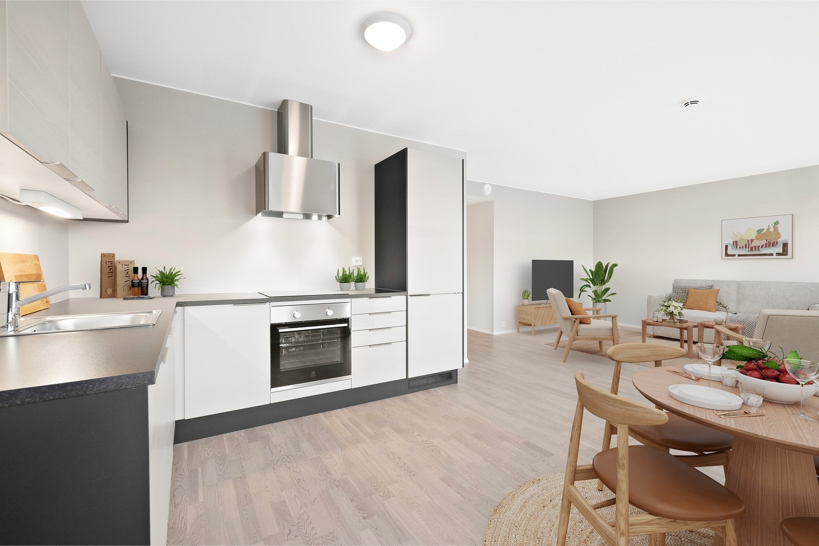 Åpen og gjennomført stilren løsning som skaper naturlig flyt mellom stue og kjøkken (Digitalt innredet) Galleribilde