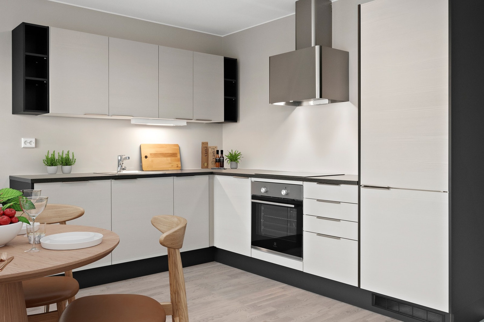 Delikat kjøkken med tidsriktige materialvalg (Digitalt innredet) Galleribilde