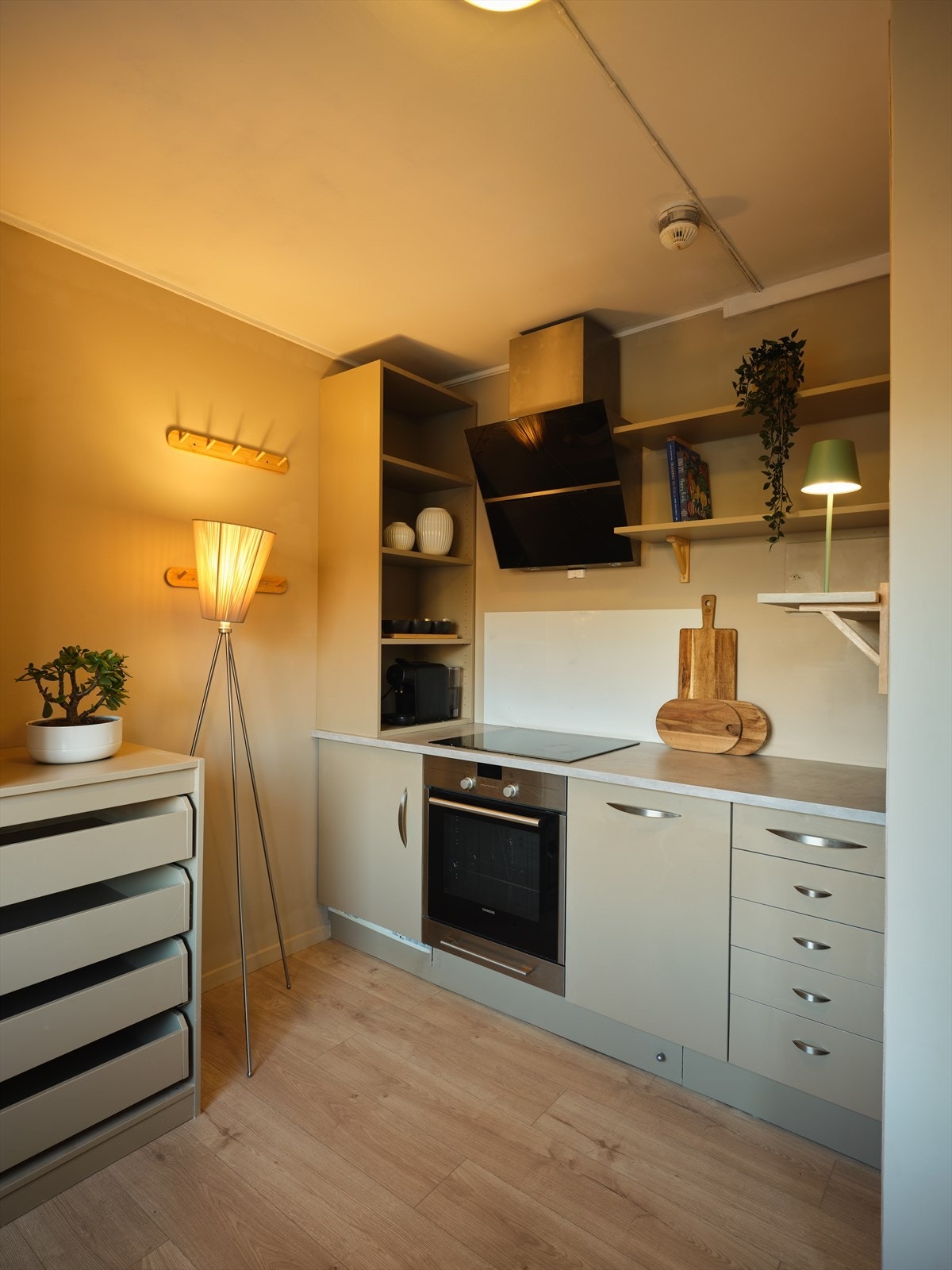 Kjøkken med integrert kjøleskap, oppvaskmaskin, stekeovn og platetopp. Galleribilde