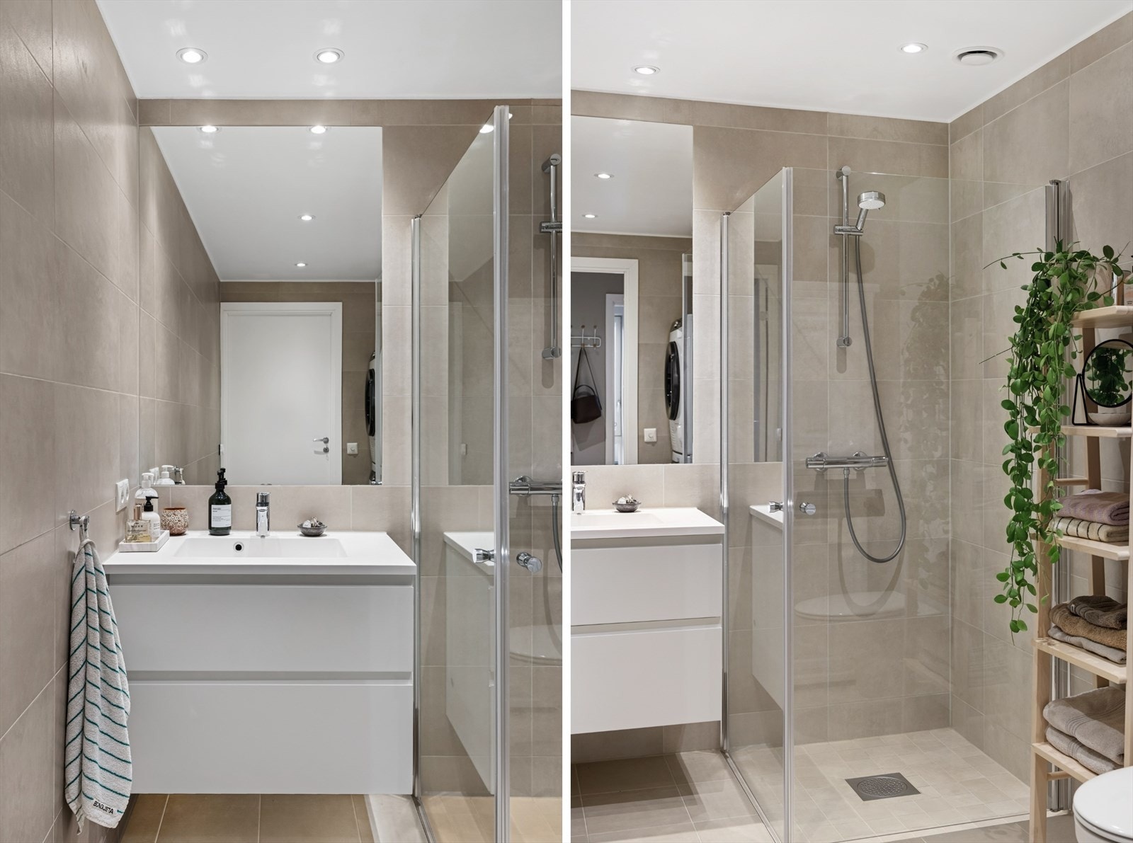 Innredningen består av speil, servant med seksjon, vegghengt toalett, dusjhjørne og opplegg for vaskemaskin. Galleribilde