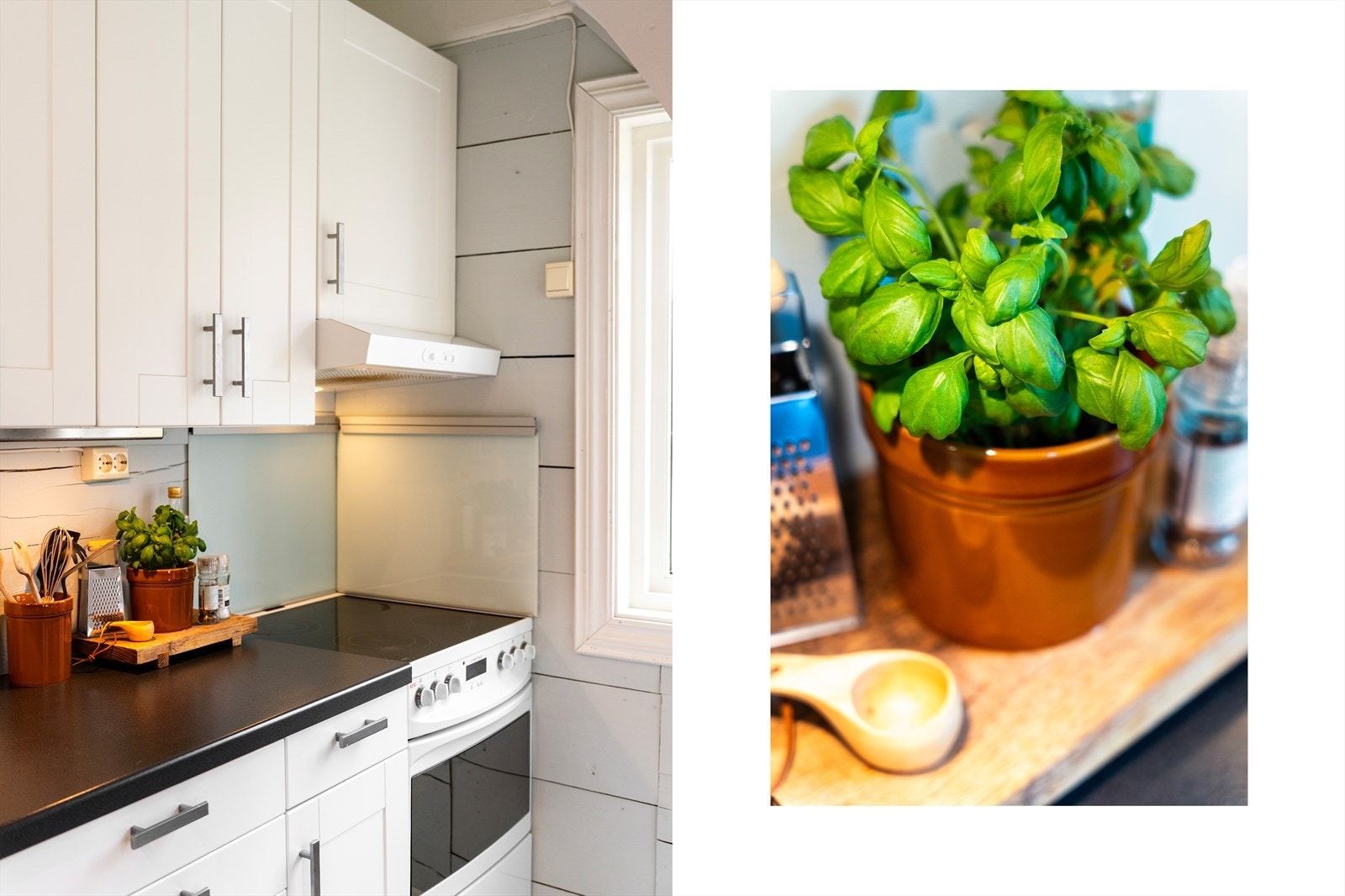 Kjøkkenet har profilerte fronter og laminat benkeplate Galleribilde