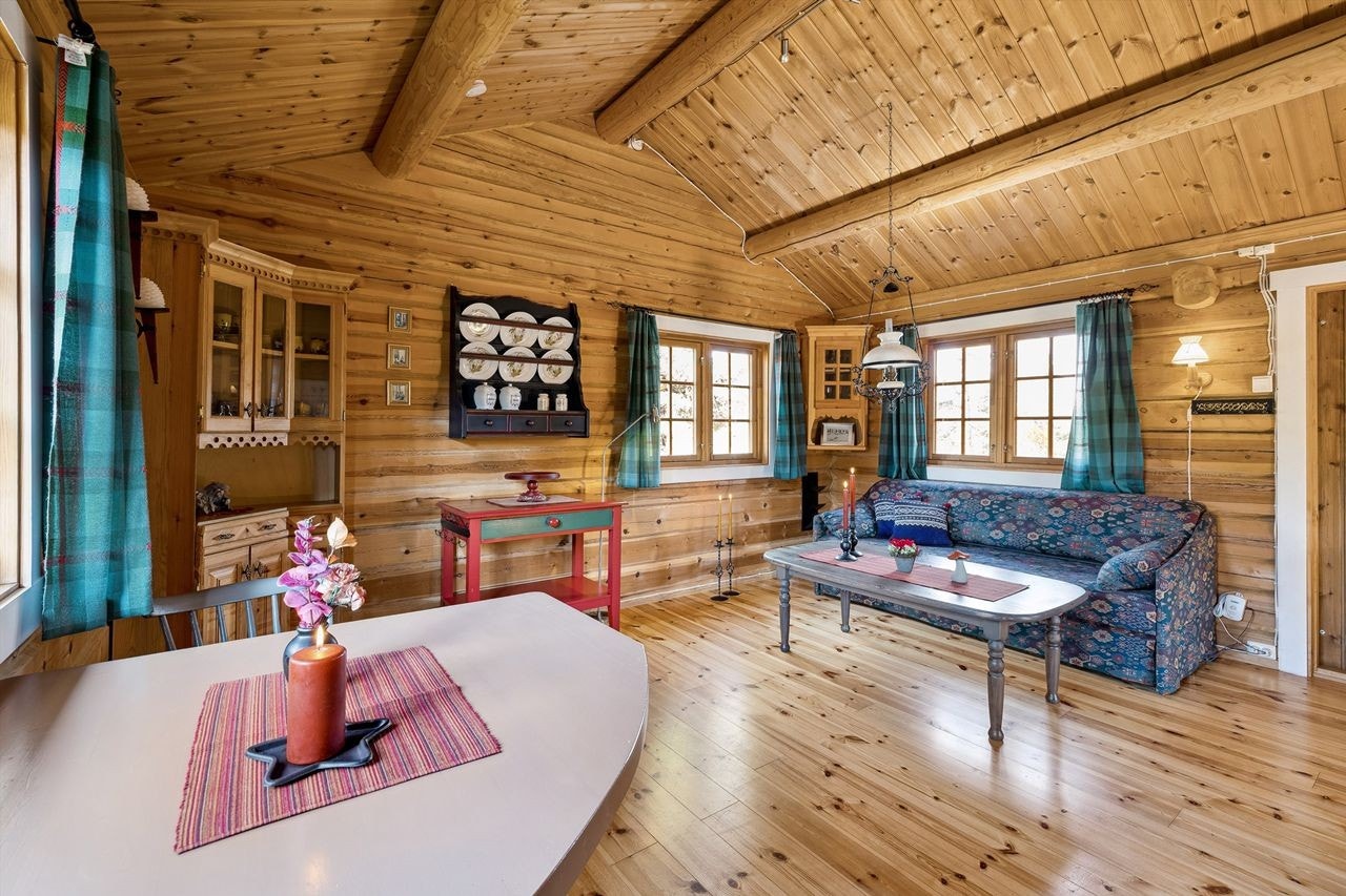 Stuen har en hyggelig atmosfære og det er god plass til sofa og en liten spiseplass Galleribilde