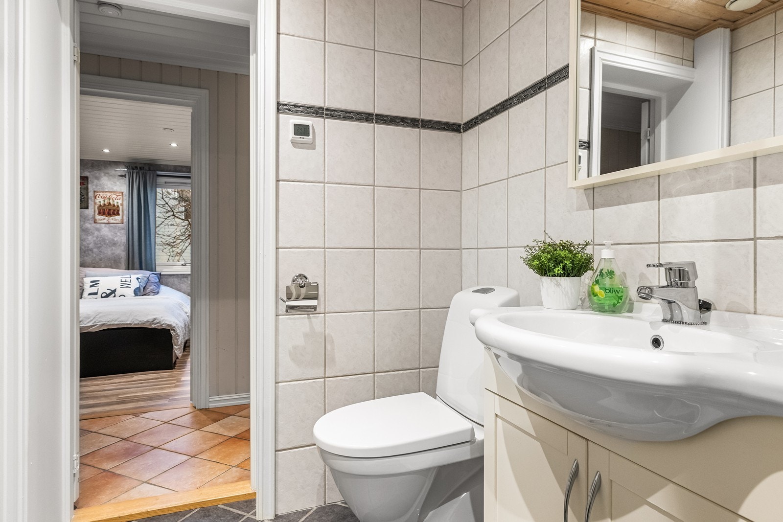 Enkel servant og gulvmontert toalett Galleribilde