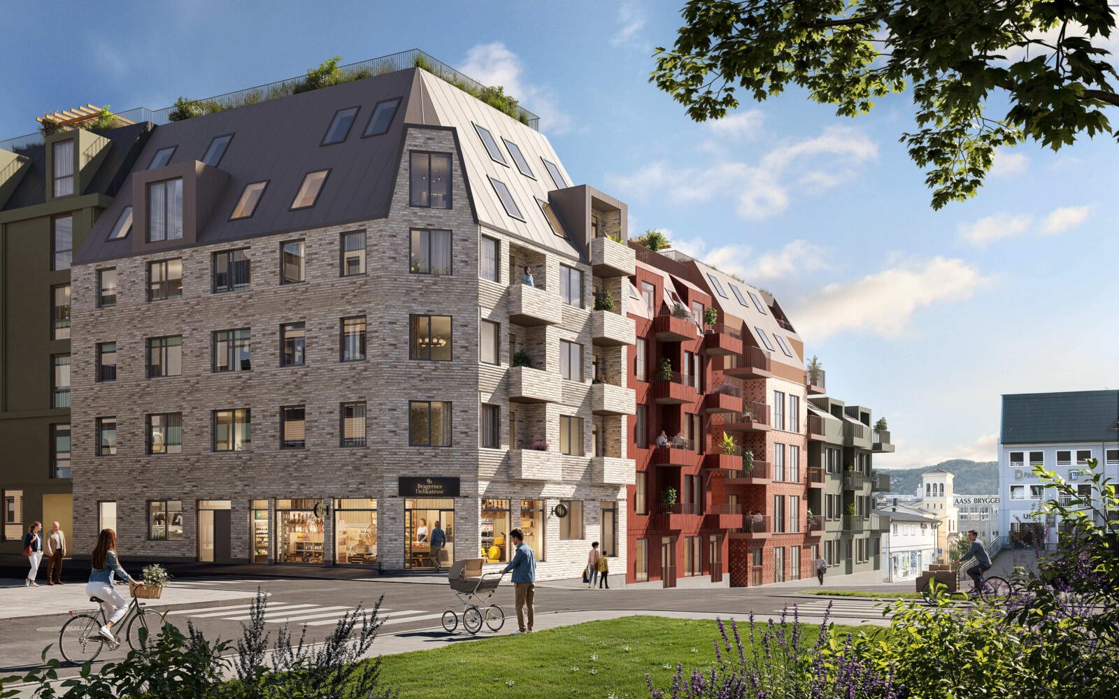 På motsatt side av gaten skal de eldre byggene erstattes av Kvartal 62 - et nytt bolig- og næringsprosjekt med moderne arkitektur, grønne byrom og kafe og nærservice på bakkeplan. Illustrasjon naboprosjekt (Fasade mot Engene). Galleribilde