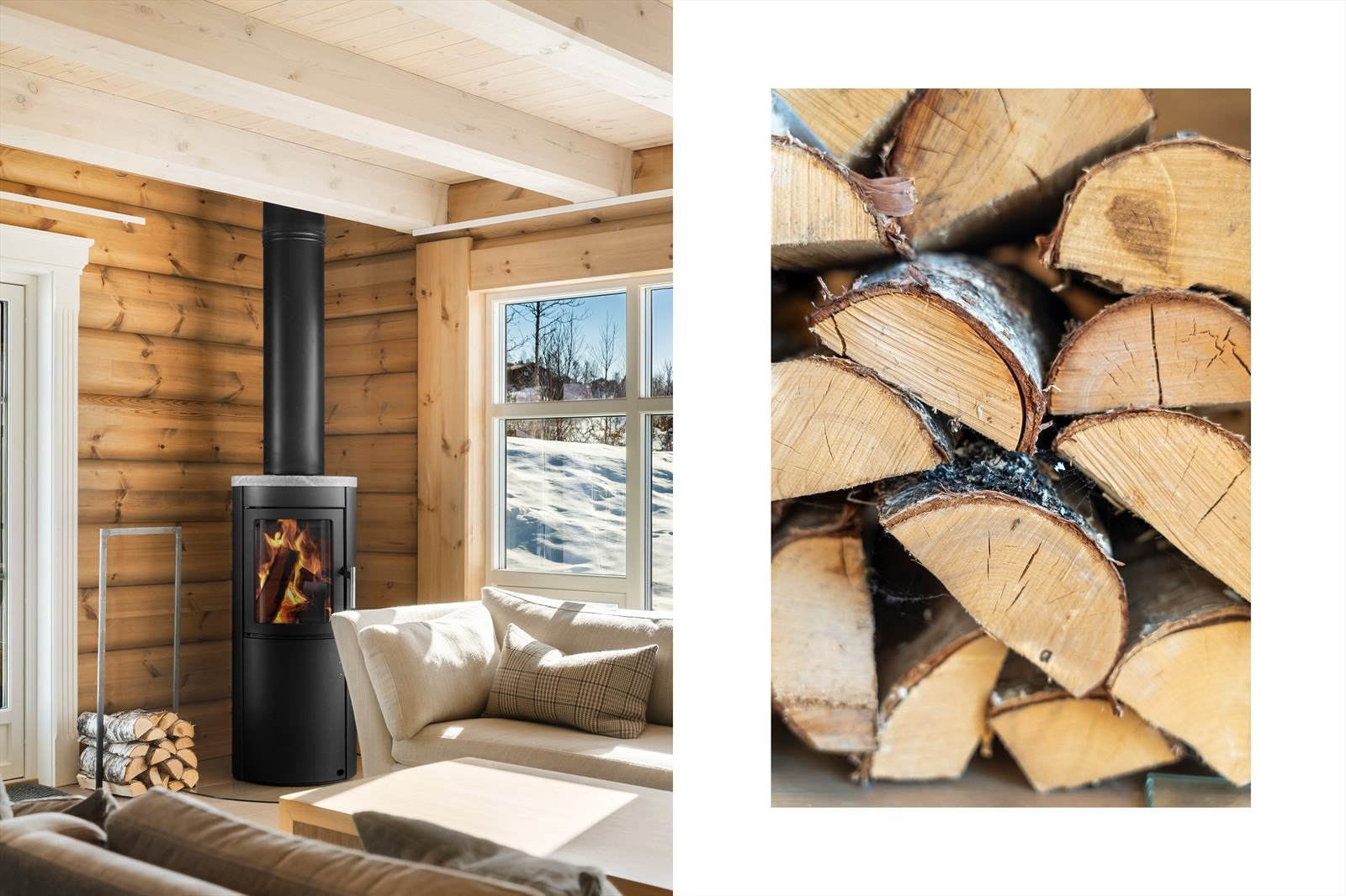 Utstrakt bruk av parkett, synlig tømmer og bjelkelag gir hytta et lunt og særdeles hyggelig preg. Galleribilde