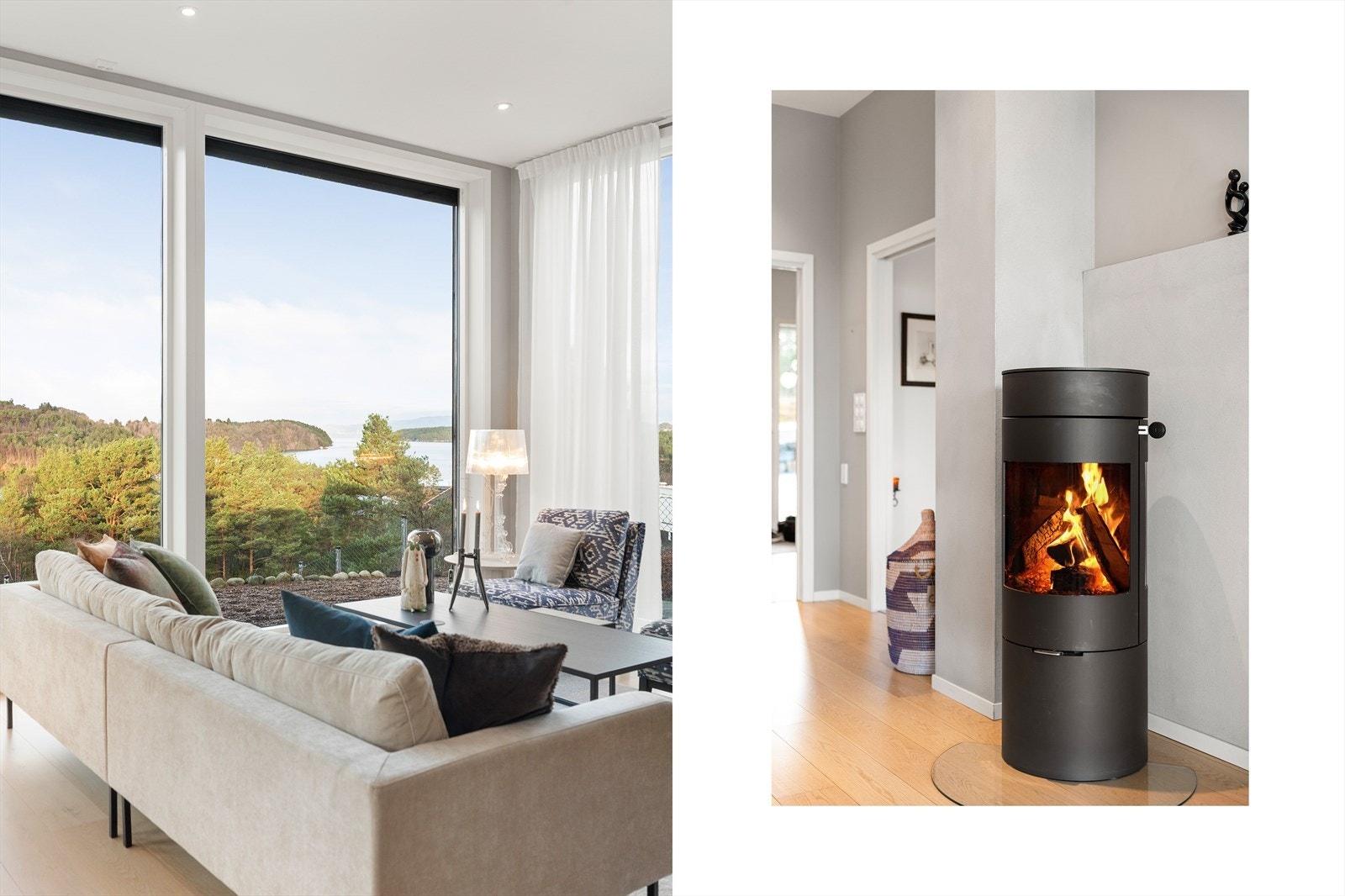 Det er montert en moderne vedovn i stuen som gir deilig varme til boligen på årets kaldeste dager - boligen har også varme i alle gulvene (bortsett fra på soveromsavdeling og i omkledningsrommet) Galleribilde