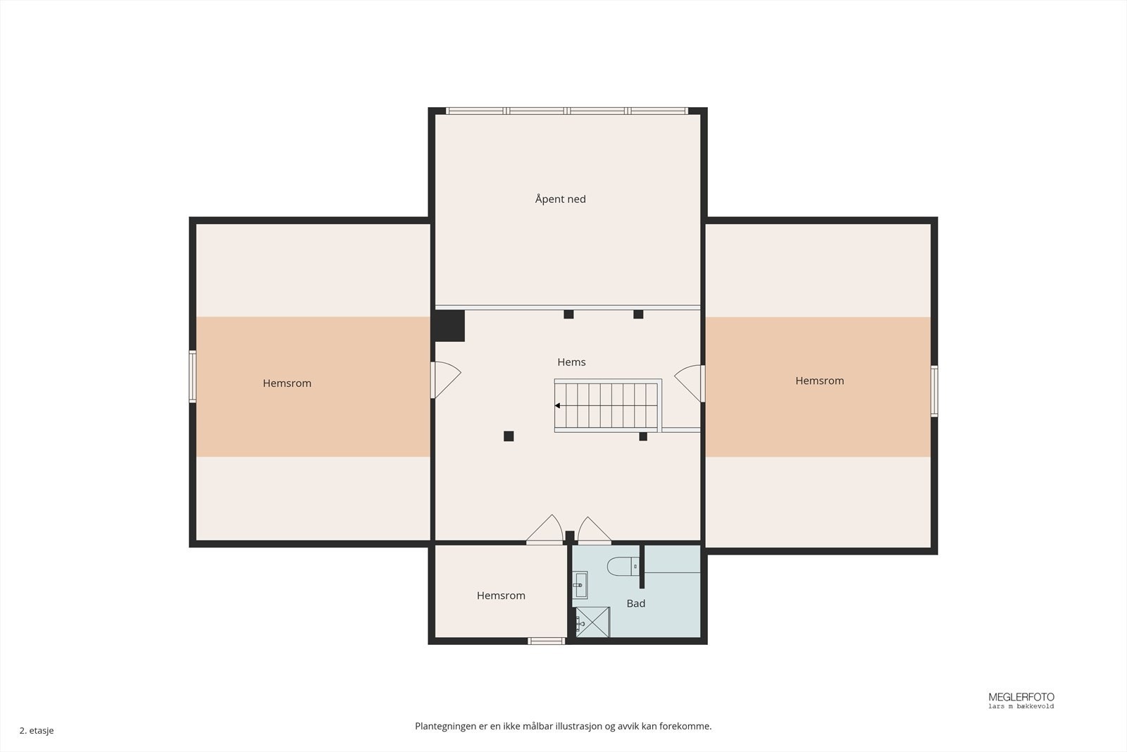 Plantegningen for andre etasje viser en romslig hems, flere soveplasser og et bad. Galleribilde