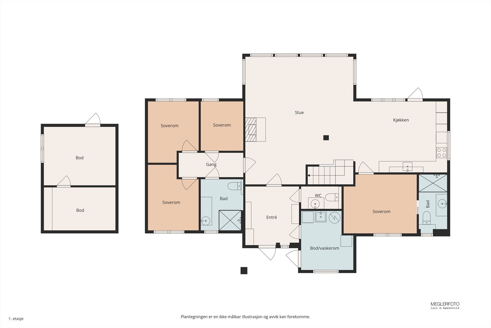 Plantegningen for første etasje viser en arealeffektiv planløsning med fire soverom og åpen stue-kjøkkenløsning. Galleribilde