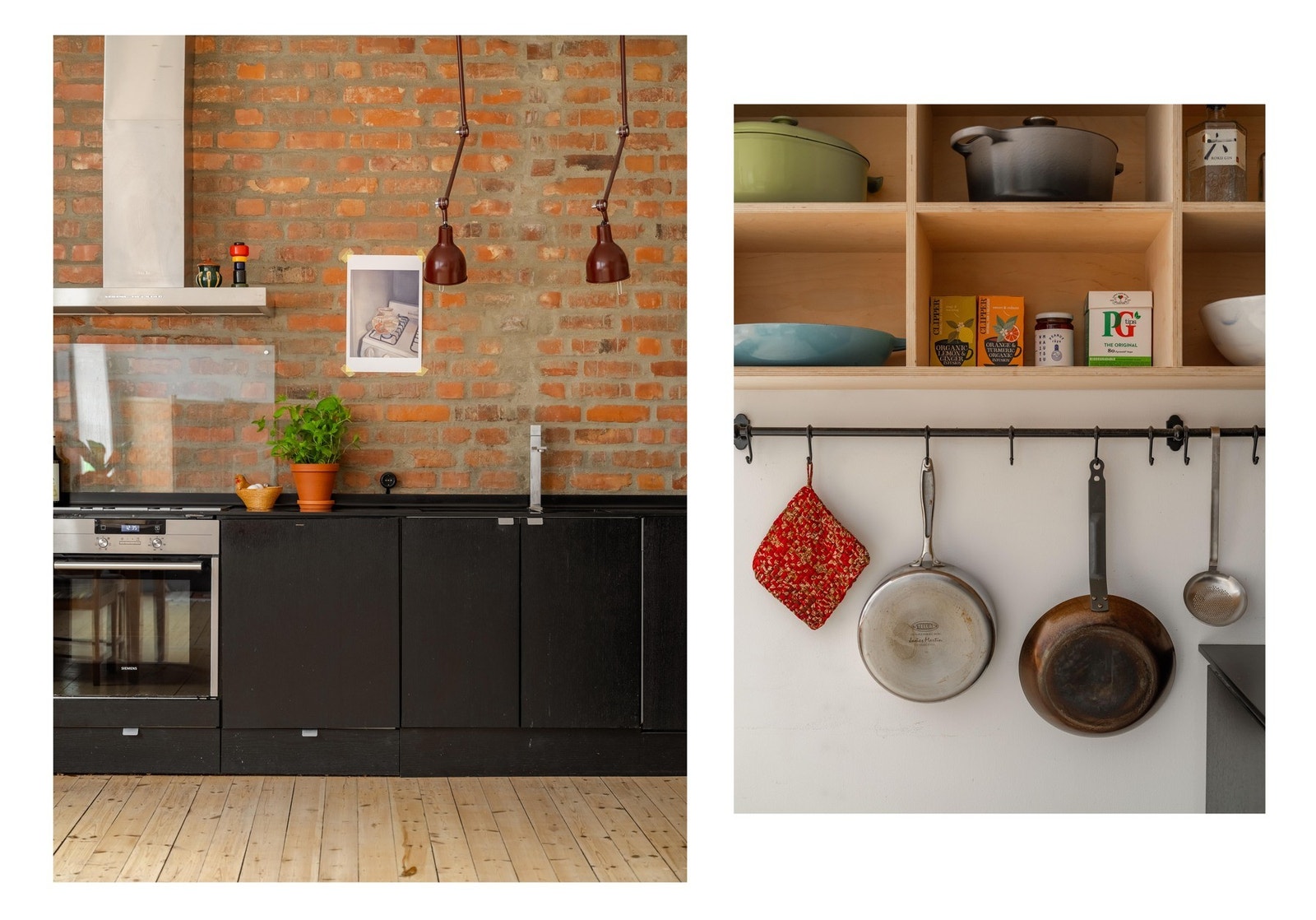 Kjøkkenet er virkelig hjertet av leiligheten, med herlig eksponert teglsteinsvegg. Galleribilde