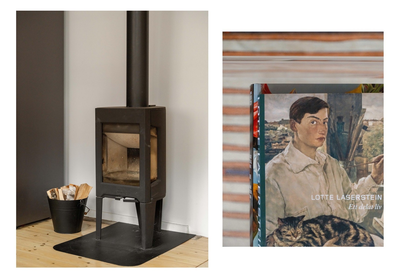 Ved siden av det frittstående kjøleskapet finner vi en varm og god peisovn, som virkelig kommer til sin rett i vinterhalvåret. Galleribilde