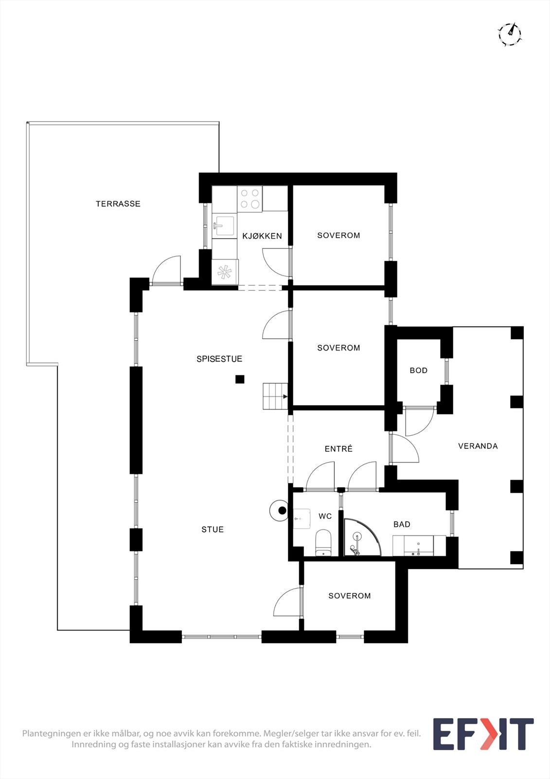 Plantegningen viser en arealeffektiv løsning med tre soverom, bad, toalettrom og åpen stue-kjøkkenløsning. Galleribilde
