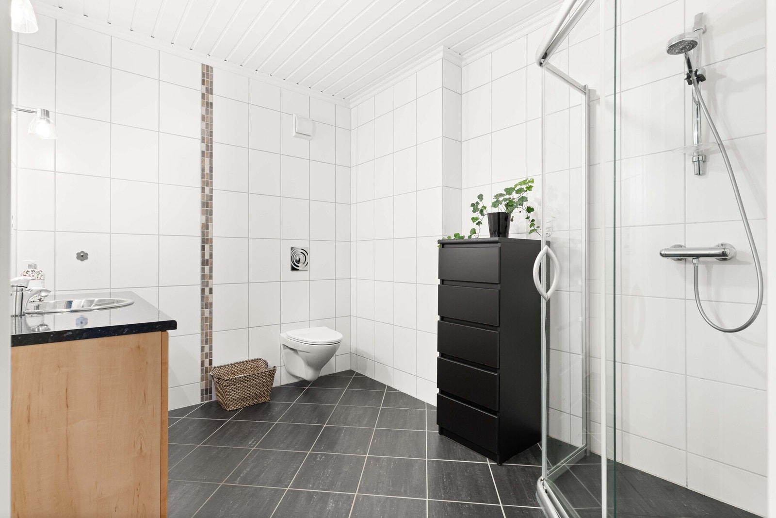 Innredning og garnityr på badet i underetasjen fremstår med veggmontert WC, dusjplass med dusjvegger og servant med ettgreps blandebatteri i innredning. Galleribilde