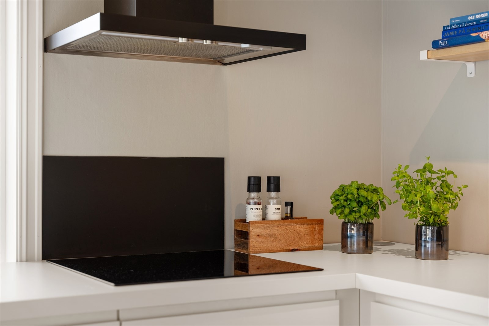 God skap/skuffe-plass, moderne ventilator og integrerte hvitevarer. Galleribilde